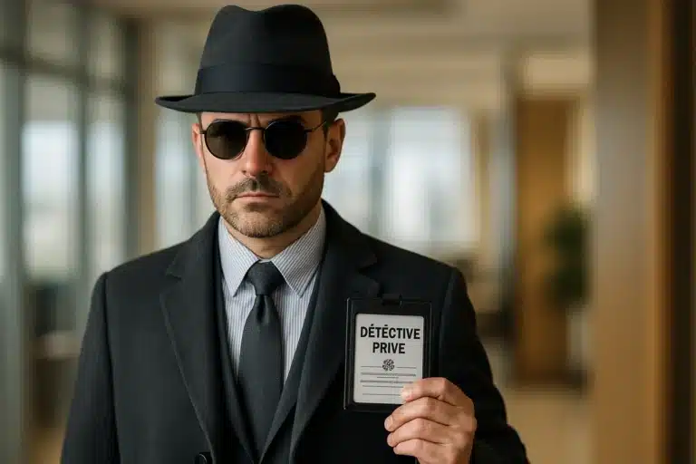 Détective privé professionnel tenant sa carte, dans un bureau moderne, représentant la conformité au référentiel CNAPS.