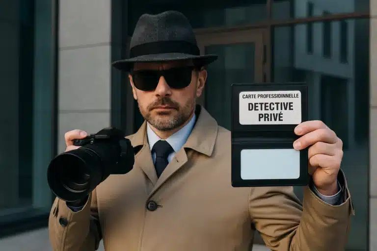 Détective privé en France tenant sa carte professionnelle et un appareil photo devant un bâtiment moderne