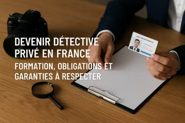 Détective privé en costume tenant une carte professionnelle ARP sur un bureau avec loupe, appareil photo et dossier, illustrant les obligations du métier en France.