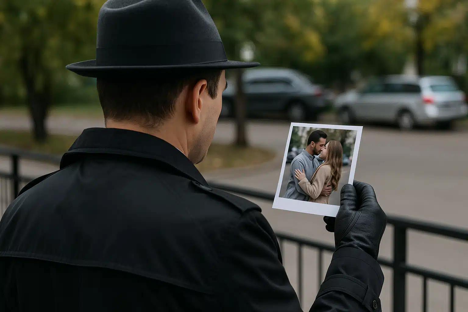 Détective privé vu de dos tenant une photo d’un couple adultère comme preuve dans une enquête de divorce
