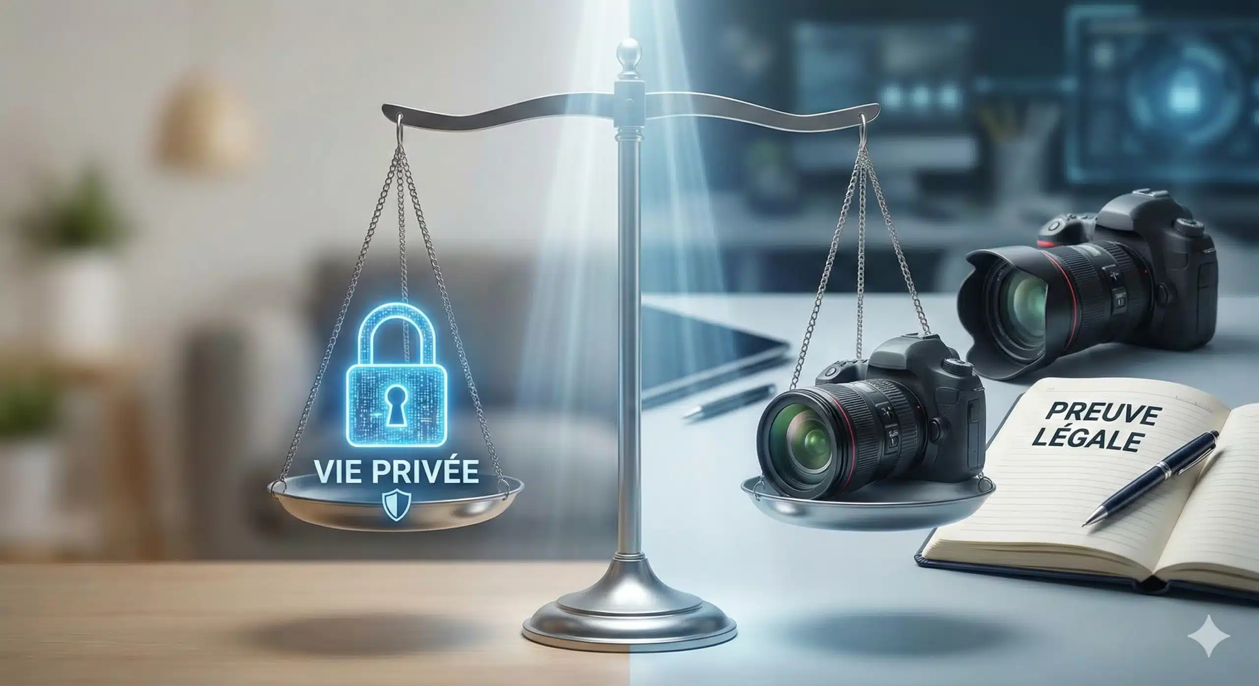 Une balance en parfait équilibre. Sur le plateau de gauche, un cadenas numérique bleu symbolise la "VIE PRIVÉE". Sur le plateau de droite, un appareil photo et un carnet de notes symbolisent la "PREUVE LÉGALE".