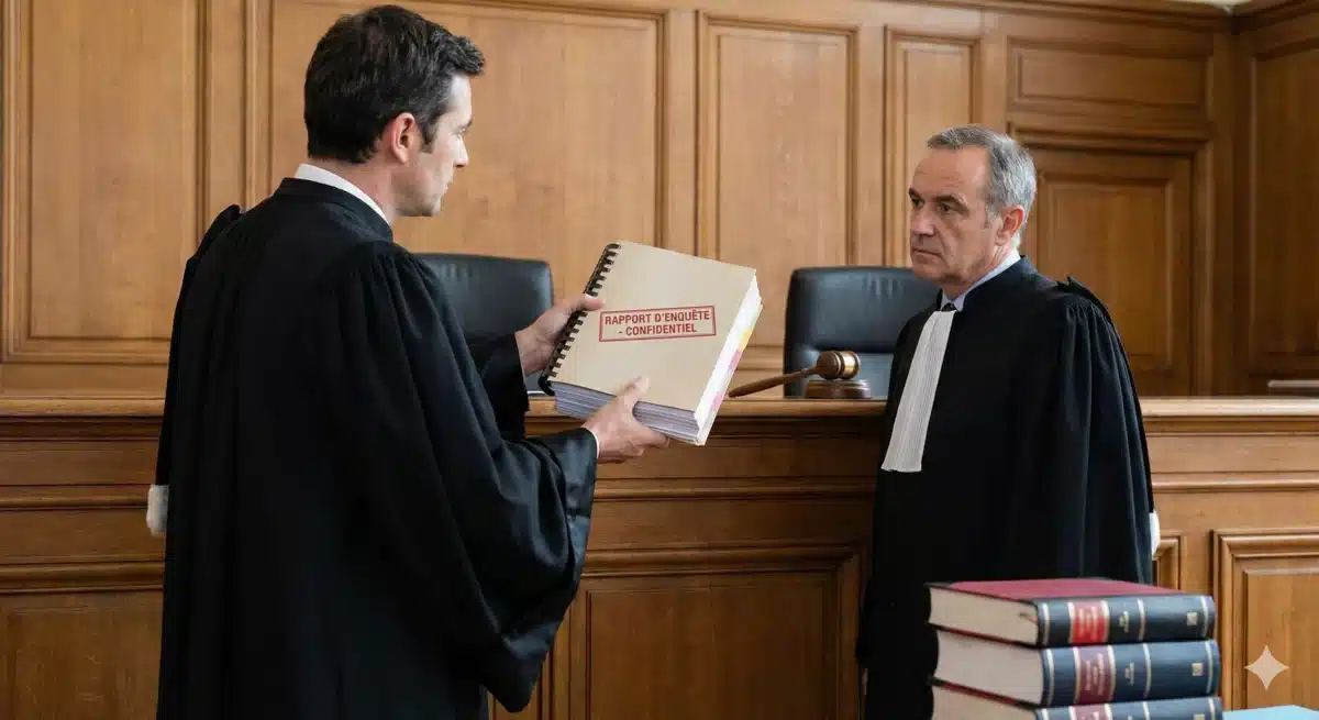 Dans un tribunal, un avocat en robe remet un rapport d'enquête confidentiel de détective privé à un juge assis à son bureau.