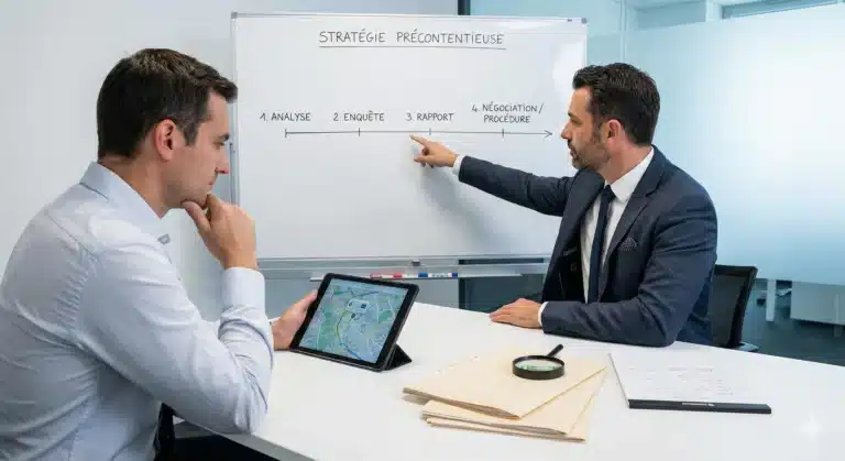 Un détective privé d'Inveny en réunion explique une stratégie d'enquête précontentieuse sur un tableau blanc à un client, avec des dossiers et une tablette sur la table.