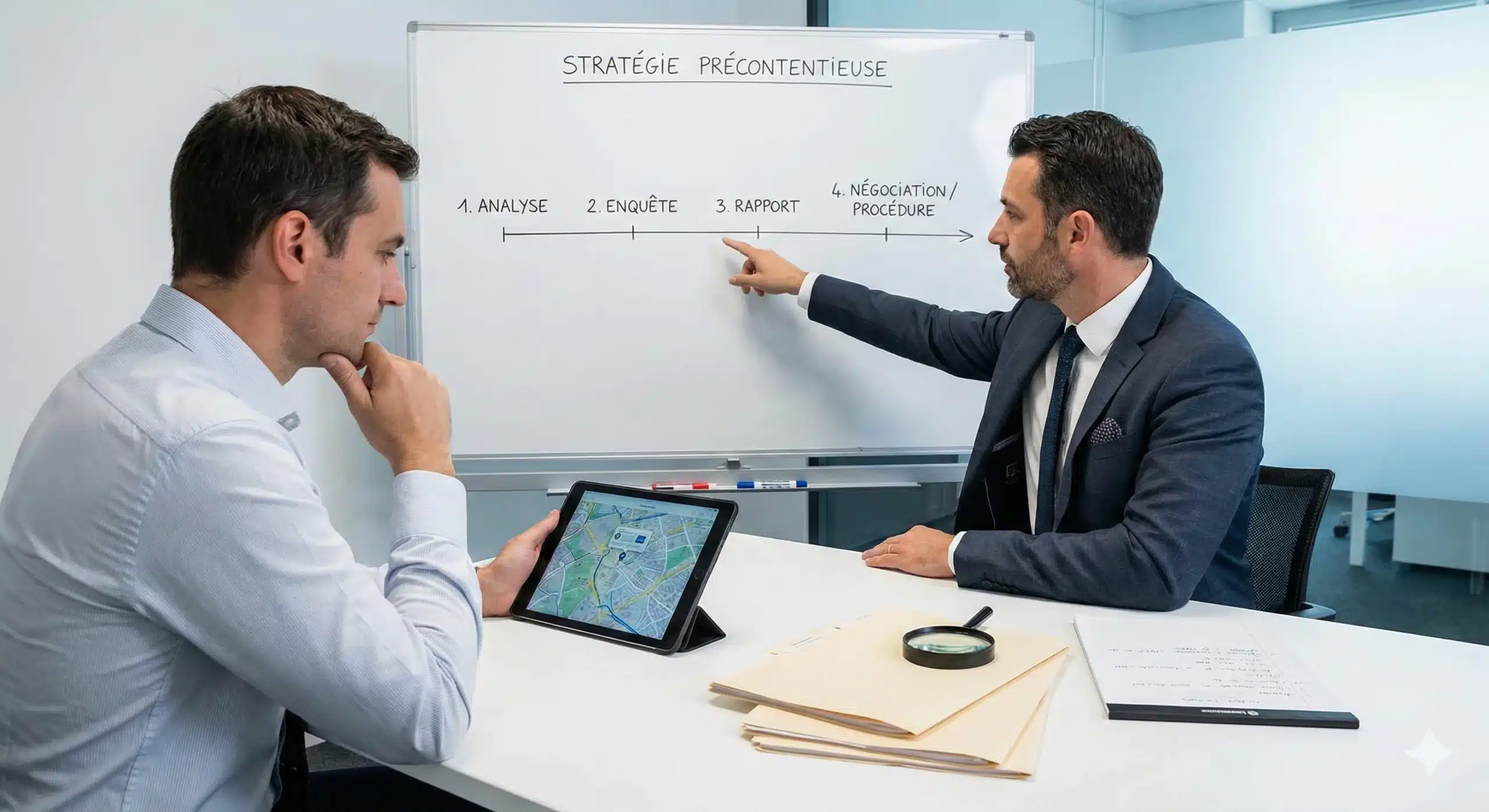 Un détective privé d'Inveny en réunion explique une stratégie d'enquête précontentieuse sur un tableau blanc à un client, avec des dossiers et une tablette sur la table.