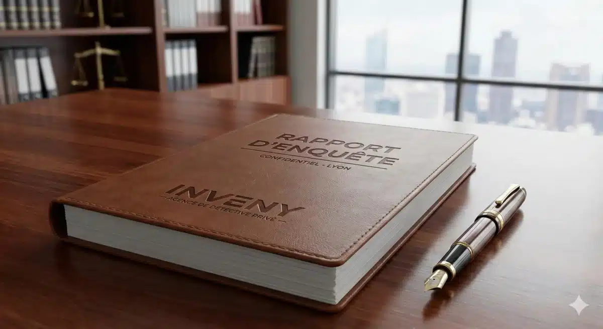 Dossier de rapport d'enquête confidentiel INVENY posé sur un bureau de direction, document juridique certifié et recevable devant les tribunaux pour litiges commerciaux et familiaux.