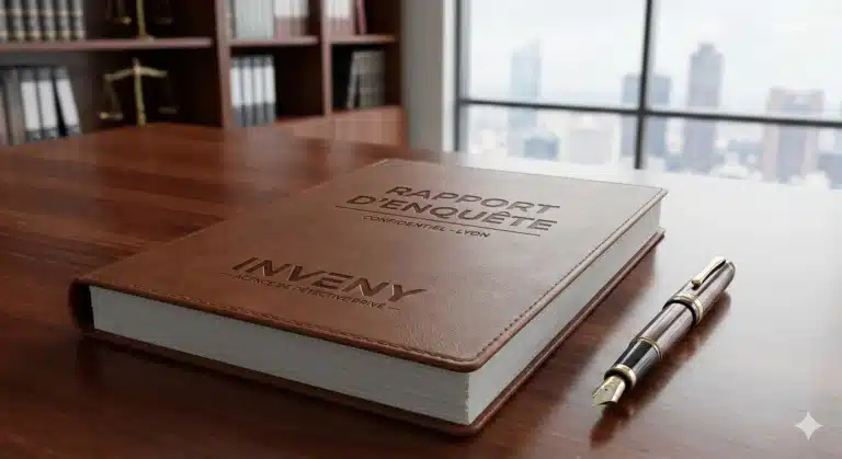 Dossier de rapport d'enquête confidentiel INVENY posé sur un bureau de direction, document juridique certifié et recevable devant les tribunaux pour litiges commerciaux et familiaux.